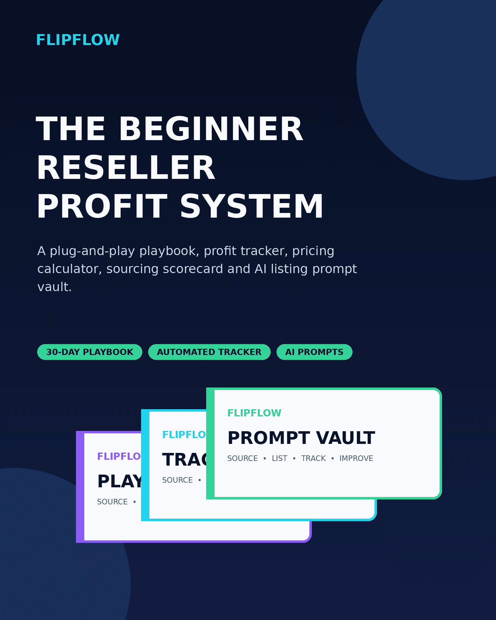 ScaleFlowz — The Beginner Reseller Profit System digital bundle cover with the 30-Day Playbook, Automated Tracker and AI Prompt Vault layered together